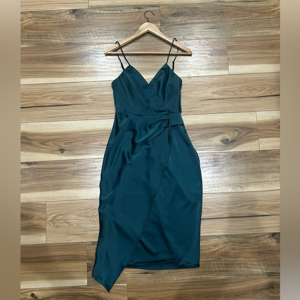 Lulu’s Quite Likely Dark Teal Satin Asymmetrical Midi Dress